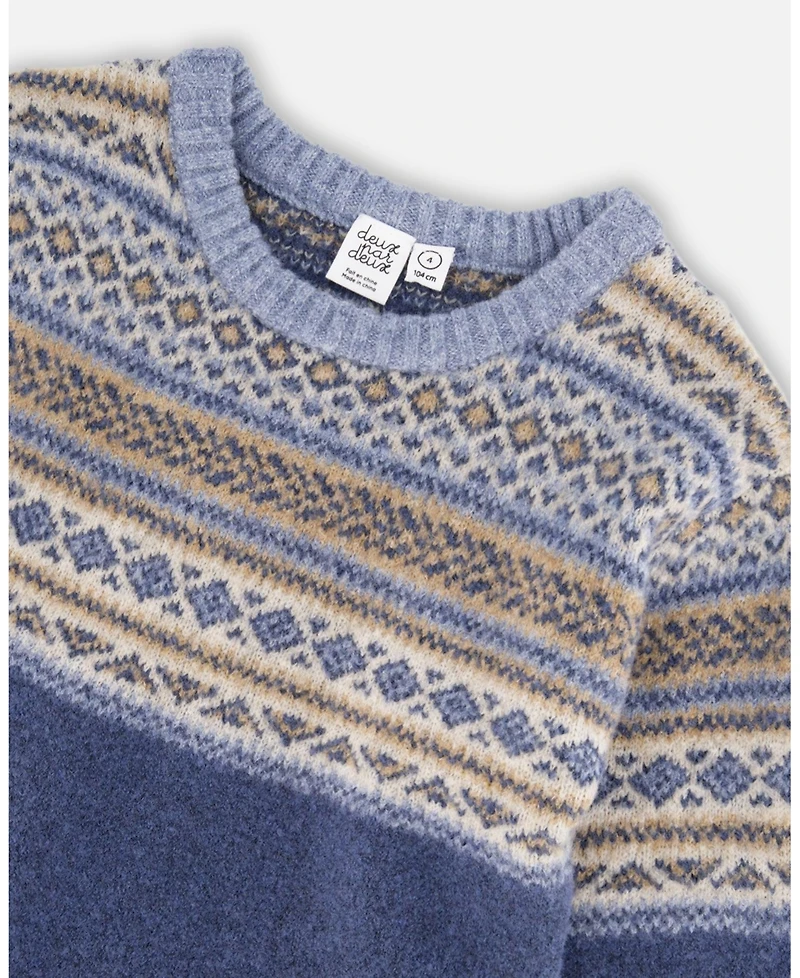 Deux par Toddler Boys Norwegian Jacquard Knit Sweater Blue and Cream - Toddler|Child