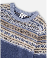 Deux par Toddler Boys Norwegian Jacquard Knit Sweater Blue and Cream - Toddler|Child