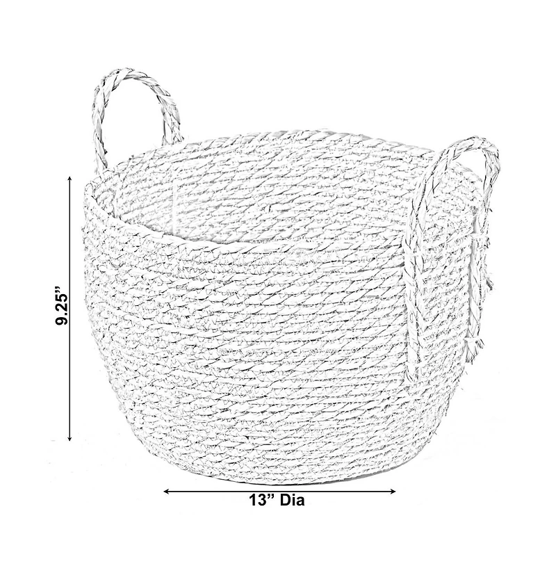 Wickerwise Decorative Round Wicker Woven Rope Storage Blanket Basket with Braided Handles