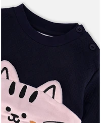 Deux par Girl Long Bi-Material Top Dark Blue with Cat