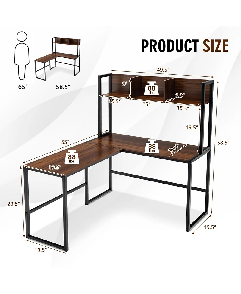 Mecale Industrial L-Shaped Desk Bookshelf 55 Inch Corner Computer Gaming Table