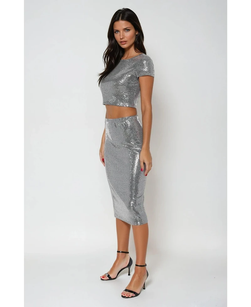 Bebe Women's Two Piece Disco Dot Top With Midi Skirt