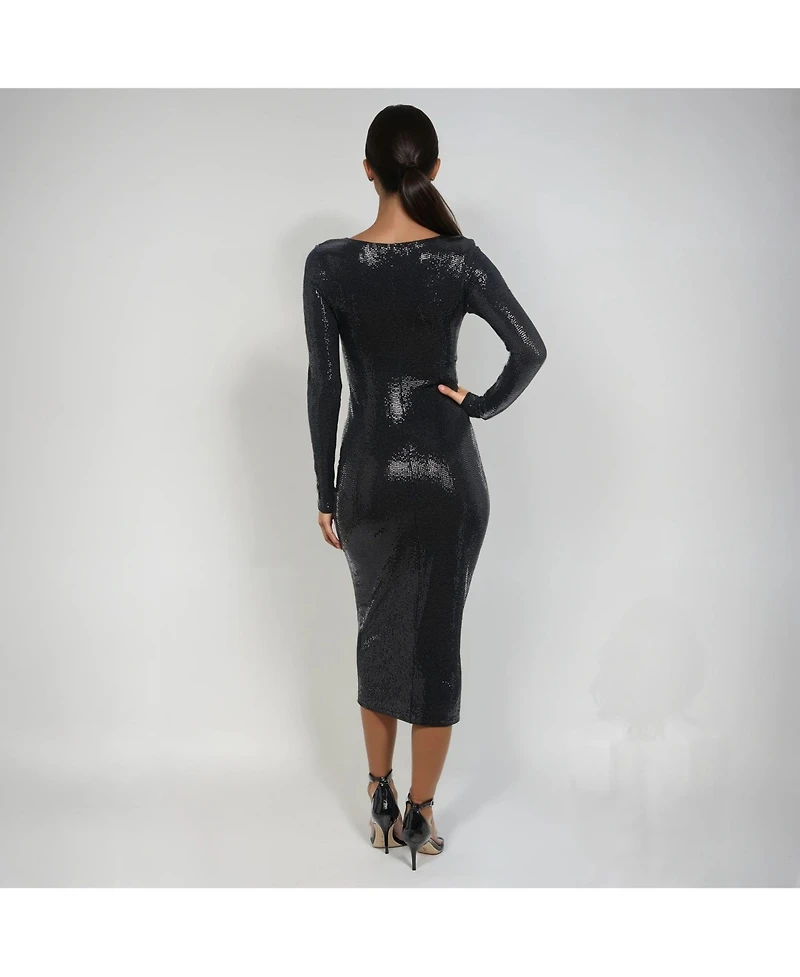 bebe Women's Long Sleeve Square Neck Disco Dot Maxi Dress