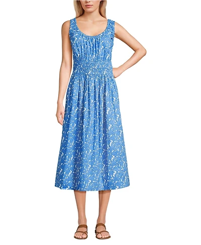 Lands' End Women's Sleeveless Poplin Smocked Midi Dress