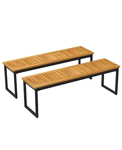 Gymax 2PCS 51'' Wooden Outdoor Bench Patio Dining Bench w/Acacia Wood Seat