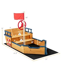 Gymax Toddler Pirate Boat Wooden Sandbox Non-Woven Fabric Liner Children Outdoor Playset