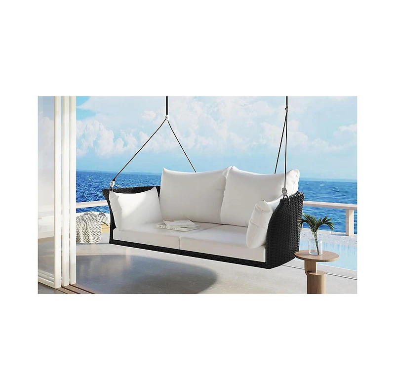 Flynama Go 51.9" 2-Person Hanging Seat, Rattan Woven Swing Chair, Porch Swing With Ropes, Black Wicker And White Cushion