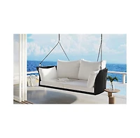 Flynama Go 51.9" 2-Person Hanging Seat, Rattan Woven Swing Chair, Porch Swing With Ropes, Black Wicker And White Cushion