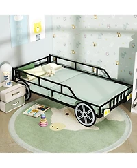 Costway Twin Car-Shaped Metal Bed Frame with Wheels Decorations Safety Guardrails