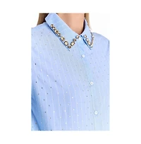 The Noli Shop Women's Josefina Crystal Button Up - Blue Stripe