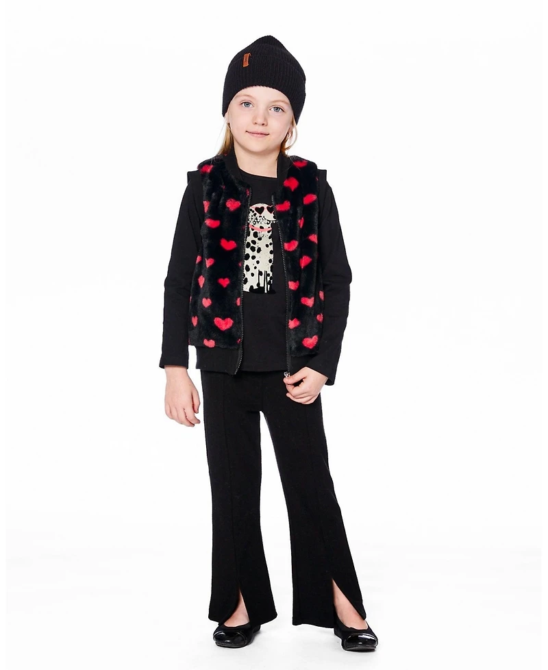 Deux par Girl Faux Fur Sleeveless Vest Black and Red with Hearts - Child
