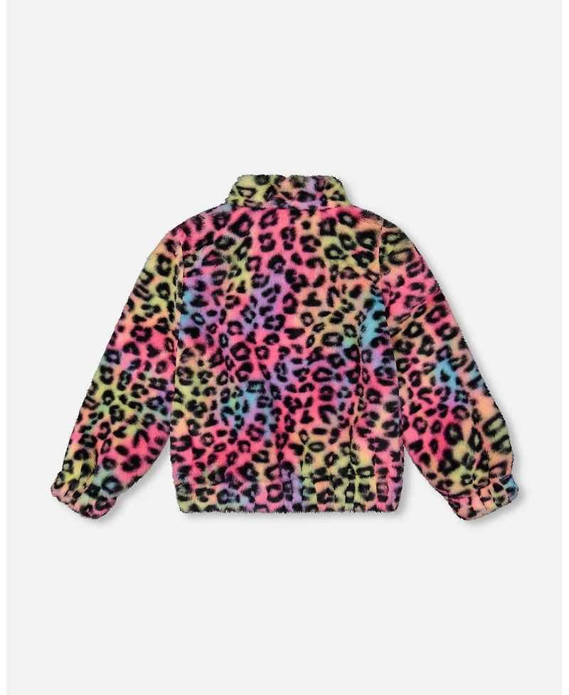 Deux par Girl Faux Fur Zipped Jacket Multicolor Leopard
