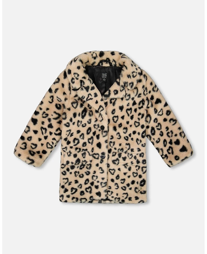 Deux par Girl Printed Fake Fur Long Coat Black and Beige Leopard - Toddler|Child