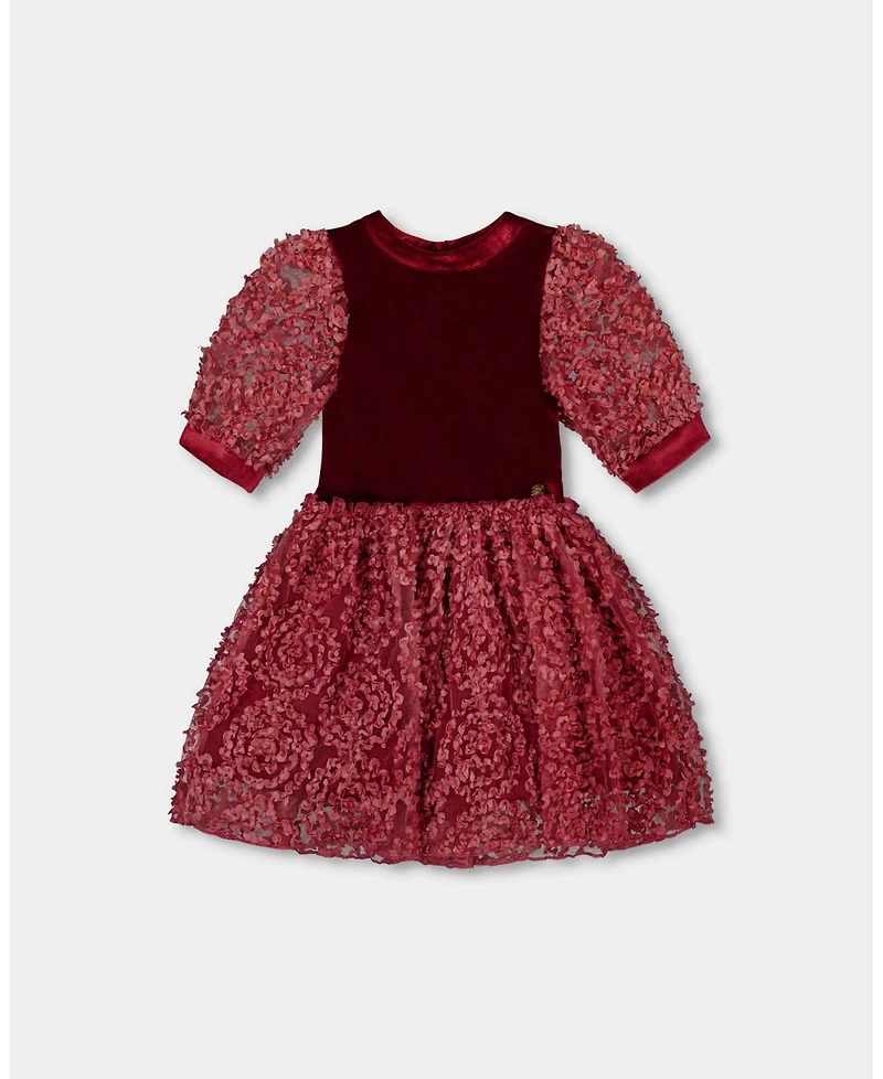 Deux par Girl Puff Sleeve Bi-Material Velour and Lace Dress Red
