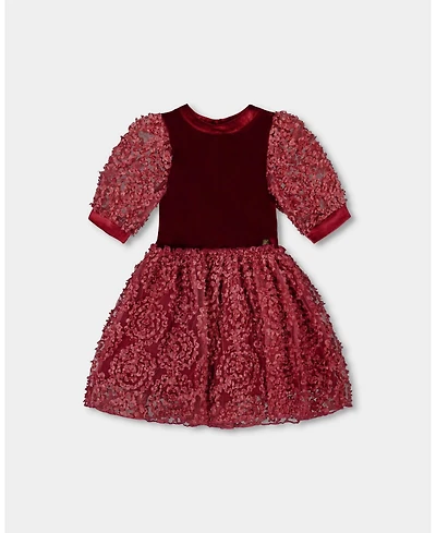 Deux par Girl Puff Sleeve Bi-Material Velour and Lace Dress Red