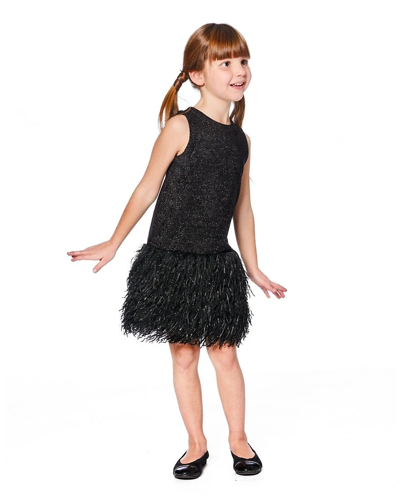 Deux par Big Girls Sleeveless Bi-Material Lurex Dress with Feathers Black