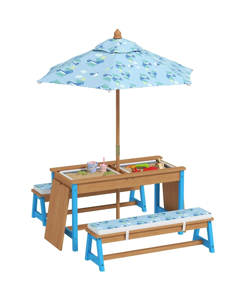 Qaba Kids Picnic Table, Wooden Table and Bench Set with Umbrella,