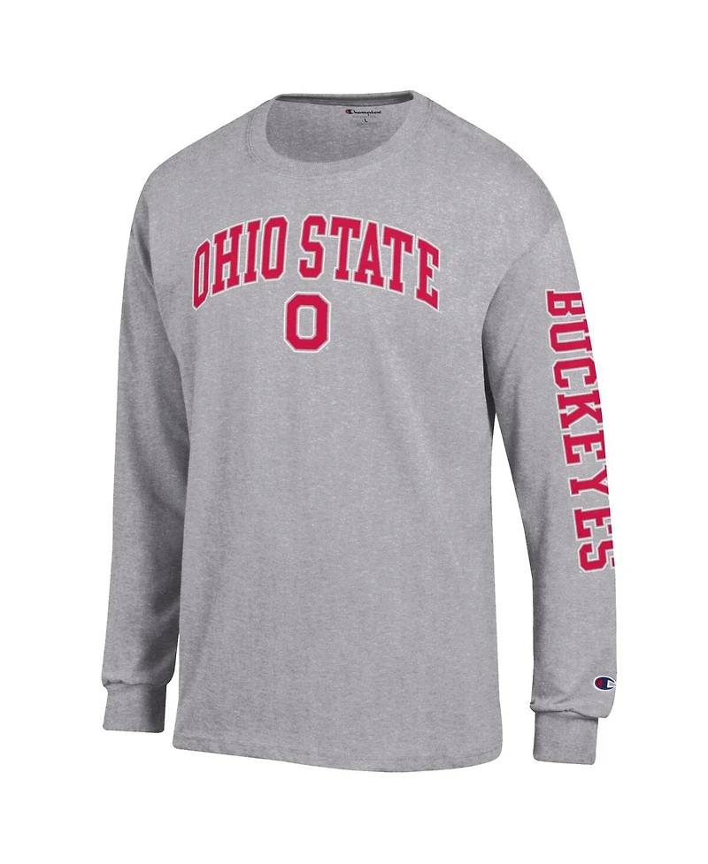 Champion Men's Heather Gray Ohio State Buckeyes Arch Over Logo 2-Hit Long Sleeve T-Shirt