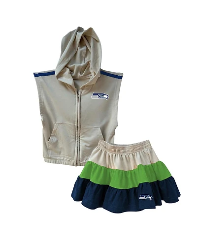 Wes & Willy Girls Toddler Neon Green/College Navy Seattle Seahawks Sleeveless Full-Zip Hoodie and Three Tier Skirt Set