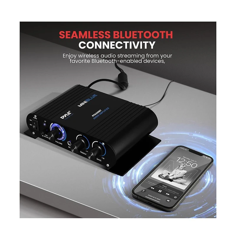 Pyle Bluetooth Mini Blue Compact Audio Amplifier - Aux Input, Push-Type Terminals, Includes Power Adapter, 90 Watt Amp
