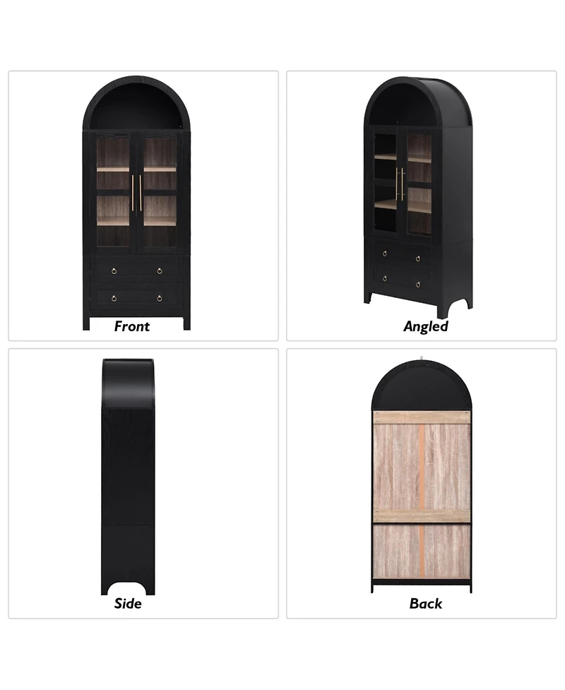 Casainc 71" Tall Arched Kitchen Pantry Cabinet with Glass Doors, Adjustable Shelves & 2 Large Drawers