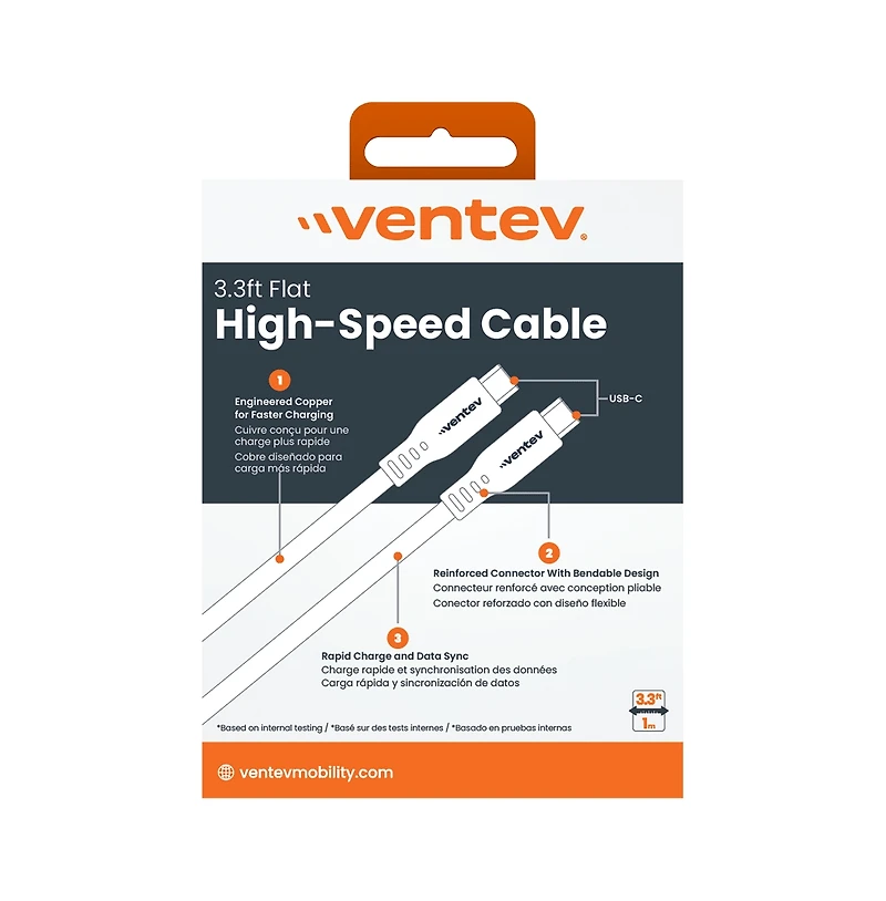 Ventev Flat Usb C to Usb C High Speed Tangle-Free 3 Foot Cable