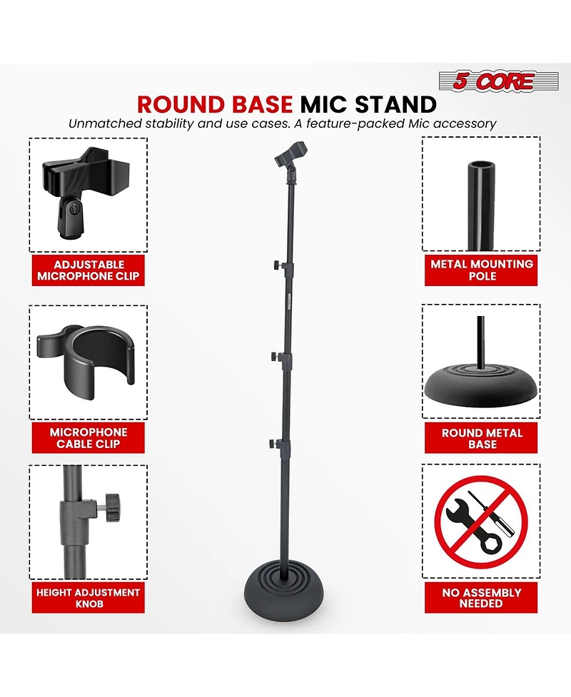 5Core Mic Stand Pair Floor Adjustable Universal Heavy Duty Microphone Stands Round Base Soporte De micrA fono