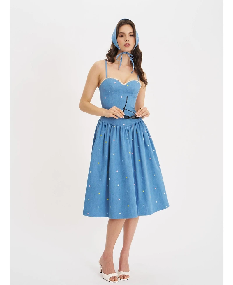 Miss Circle Women's Zadie Cotton Denim Drop Waist Embroidery Flower Midi Dress