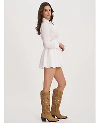 Miss Circle Women's Gabriella White Cotton Eyelet Button Up Long Sleeve Shirt Dress