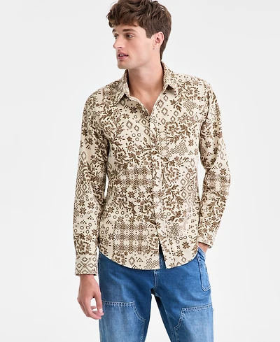 Sun + Stone Men's Bonds Long-Sleeve Cotton Patchwork-Print Corduroy Shirt, Macy's Exclusive