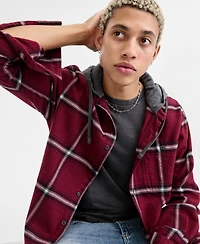 Sun + Stone Men's Bird Layered-Look Hooded Cotton Flannel Plaid Shirt, Macy's Exclusive