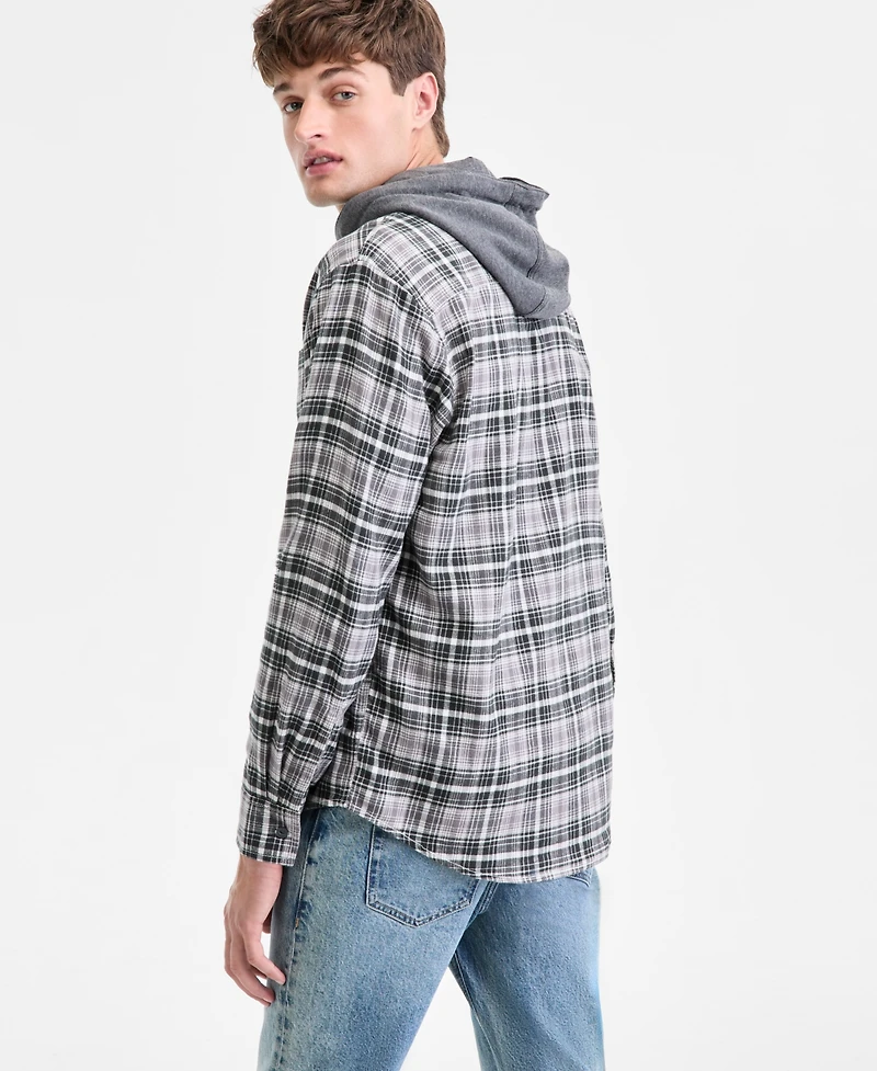 Sun + Stone Men's Russel Layered-Look Hooded Cotton Flannel Plaid Shirt, Macy's Exclusive