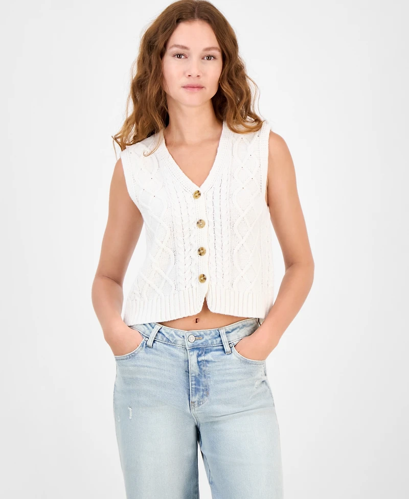 Ultra Flirt Juniors' V-Neck Button-Front Chunky-Knit Vest