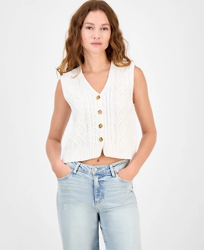 Ultra Flirt Juniors' V-Neck Button-Front Chunky-Knit Vest