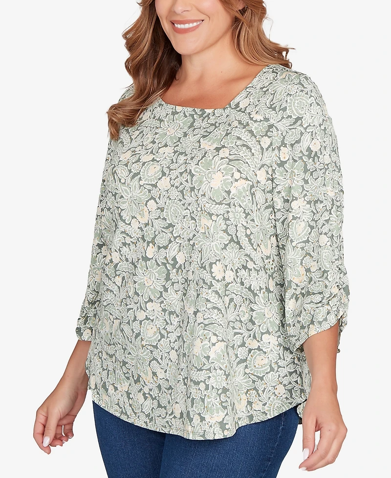 Ruby Rd. Plus Floral Dew Drop Ruched Sleeves Top