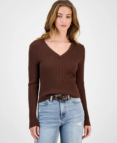 Hooked Up by Iot Juniors' Cable-Knit V-Neck Sweater