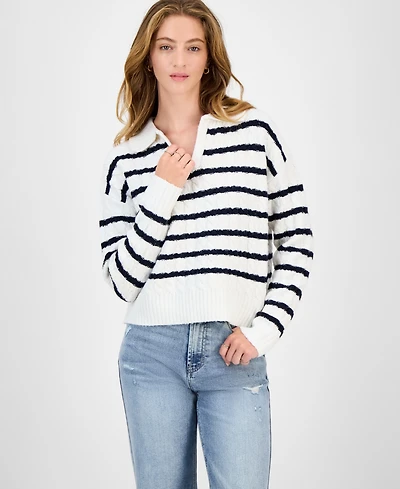 Hooked Up by Iot Juniors' Striped Cable-Knit Collar Sweater