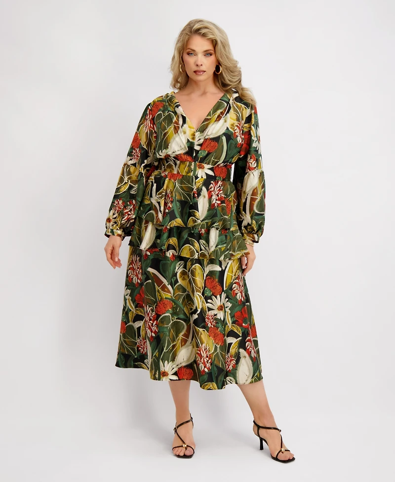 Siena Plus Long-Sleeve Tiered Satin Maxi Dress