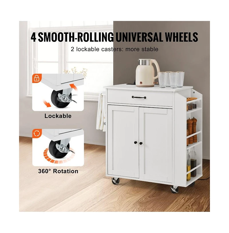 Slickblue Mobile Kitchen Island with Charging Station, Storage Cabinet, and Locking Wheels
