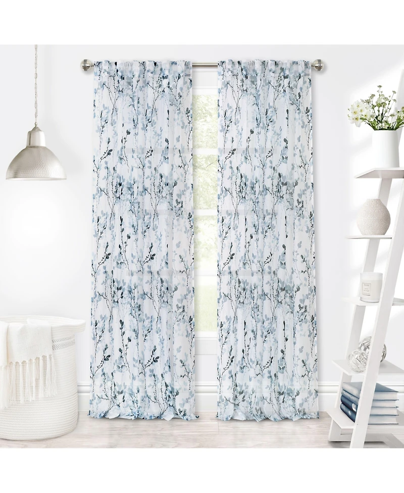 Kate Aurora 2 Piece Shabby Chic Cherry Blossom Designed Airy Sheer Rod Pocket & Back Tab Curtain Panels - 63 in. Long Hazelnut
