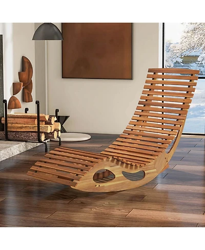 Costway Outdoor Chaise Lounge with High Back Slatted Seat Stopper Outside Wood Rocker