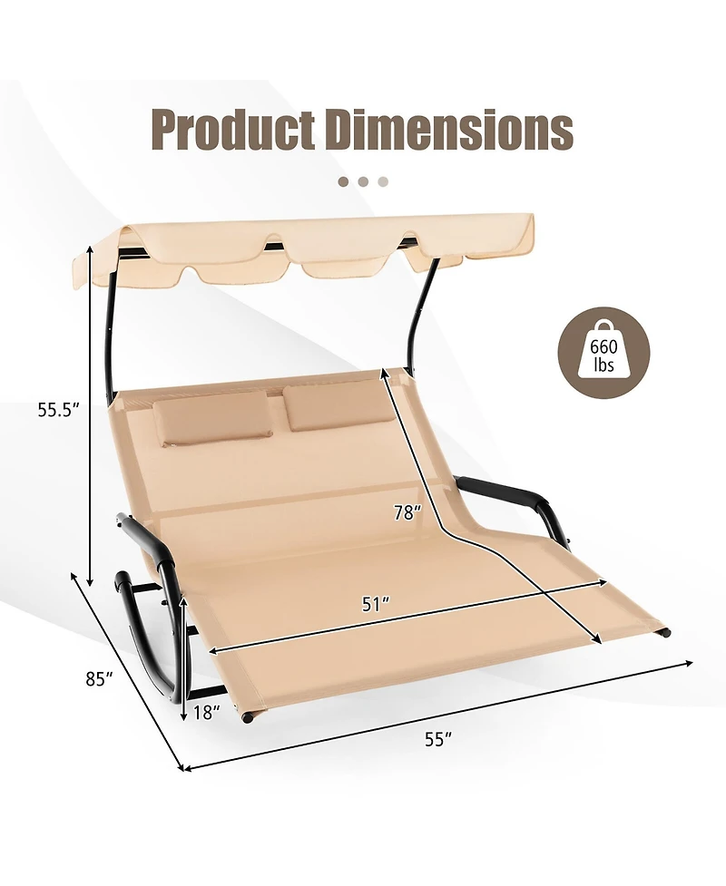 Gymax Outdoor 2-Person Double Rocking Chaise Lounge w/ Canopy & Wheels Metal Frame