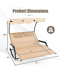 Gymax Outdoor 2-Person Double Rocking Chaise Lounge w/ Canopy & Wheels Metal Frame