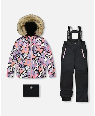 Deux par Girl Two-Piece Play Snowsuit with Allover Print Jacket and Solid Pant Black