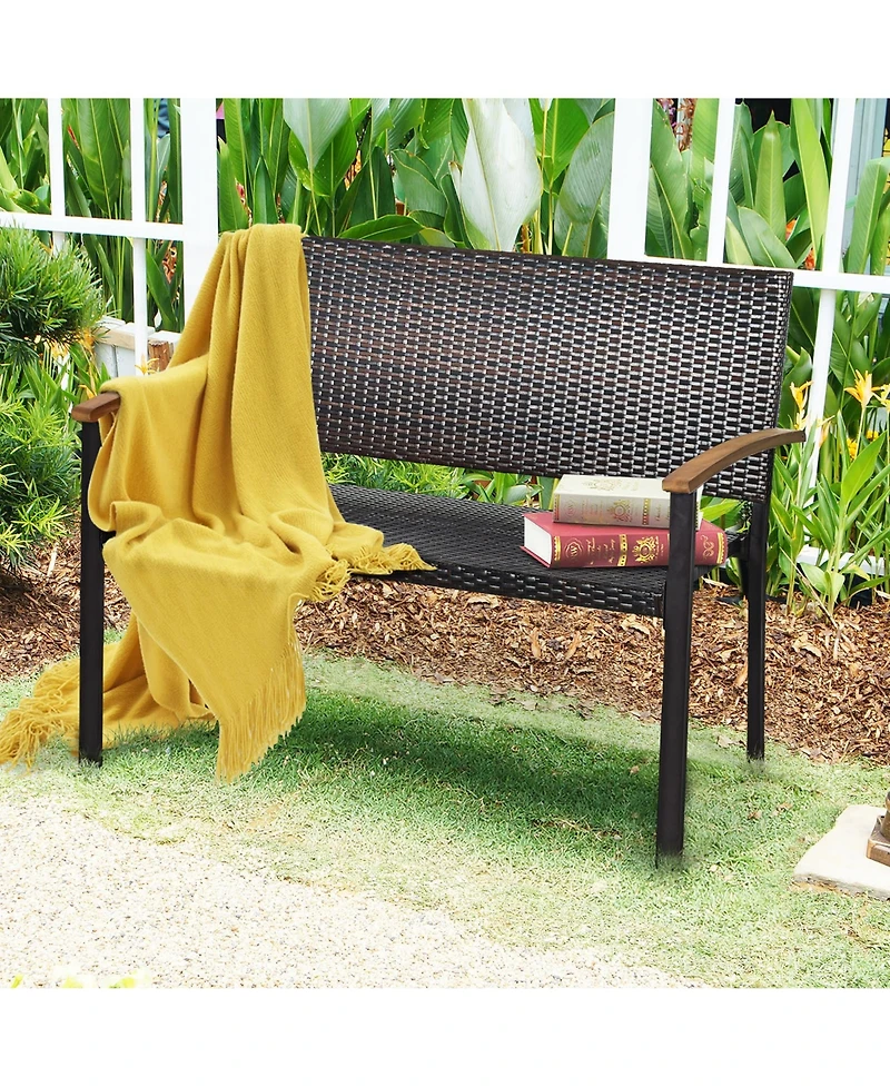 Gymax Set of 2 Patio Wicker Bench All Weather Rattan Chair Loveseat w/ Acacia Armrest