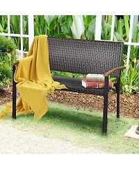 Gymax Set of 2 Patio Wicker Bench All Weather Rattan Chair Loveseat w/ Acacia Armrest