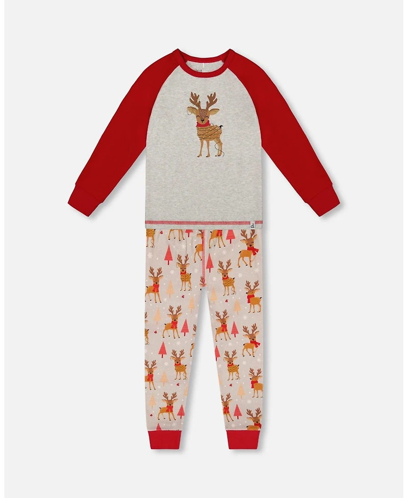 Deux par Baby Boys Two-Piece Cotton Pajama Set Beige Reindeer Print