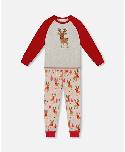 Deux par Baby Boys Two-Piece Cotton Pajama Set Beige Reindeer Print