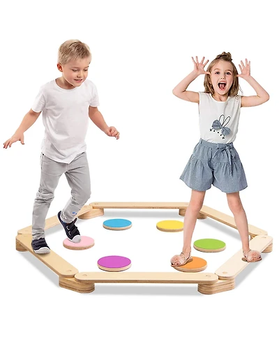 Gymax Toddler Wooden Balance Beam with Colorful Steeping Stones 12 Piece Obstacle Course