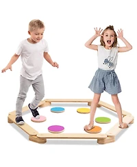 Gymax Toddler Wooden Balance Beam with Colorful Steeping Stones 12 Piece Obstacle Course